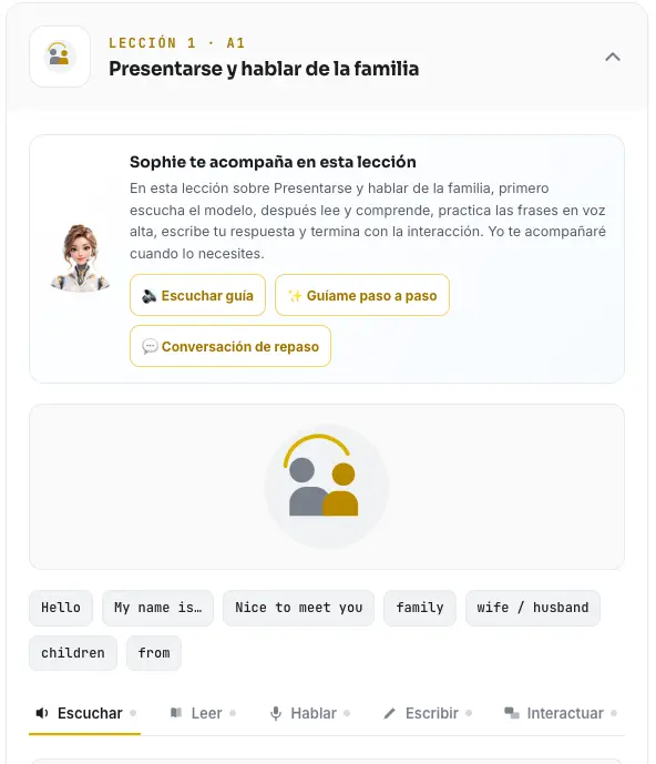 Lección real de English Mastery con guía de Sophie y cinco habilidades