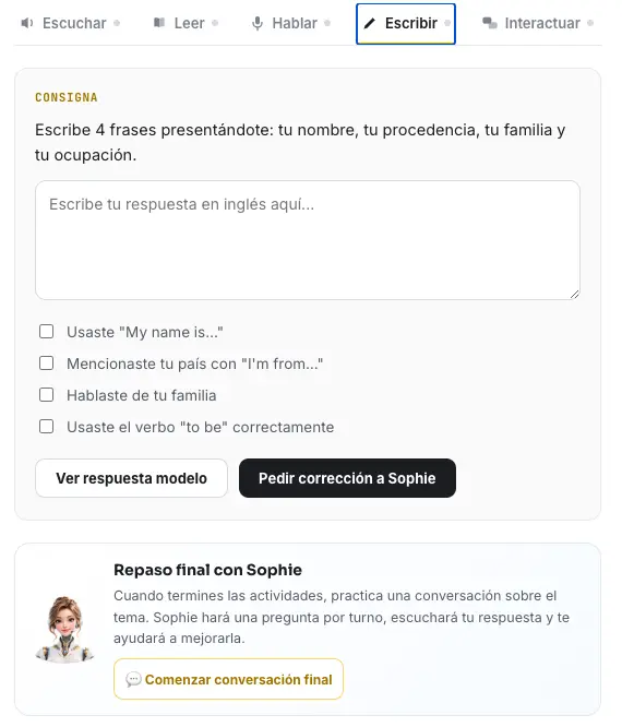 Actividad real de escritura y corrección con Sophie